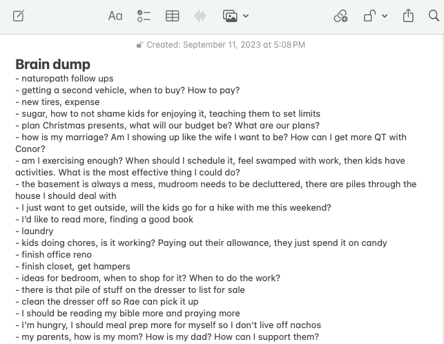 braindump list of the mental load of motherhood
